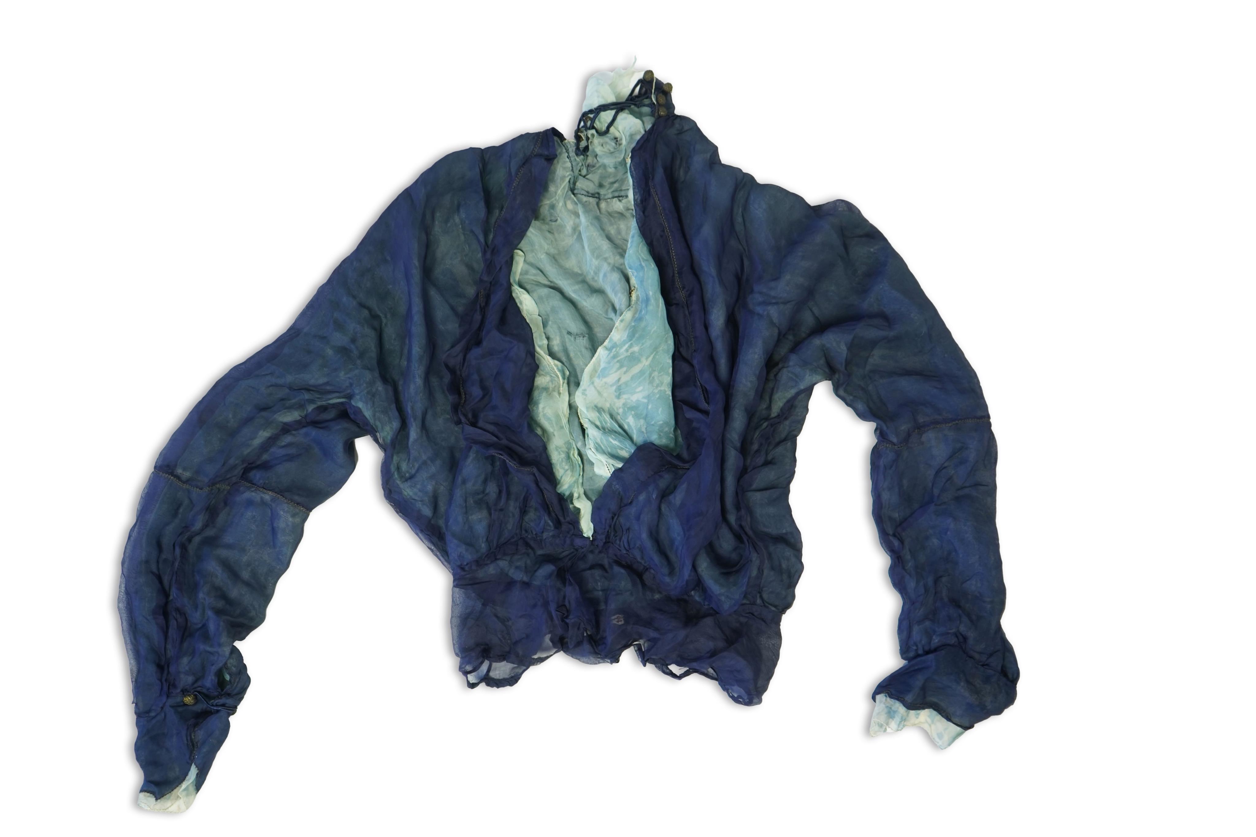 A 1940’s-50’s short sleeve lime green silk embroidered blouse, a pale pink silk crepe long sleeved blouse with white lace and a late 19th century navy silk chiffon blouse. Condition - the navy blouse is fragile but may b